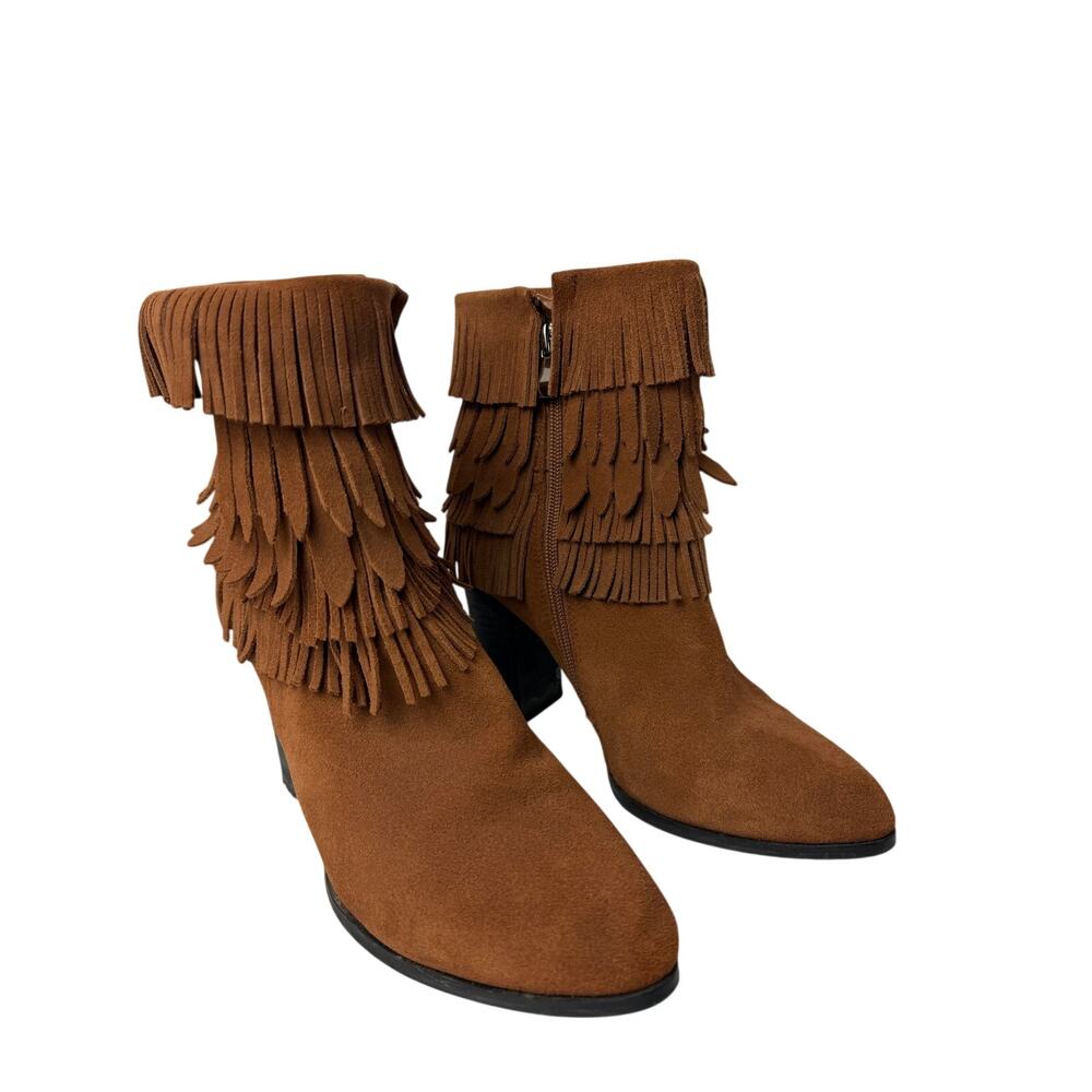 Catherine Malandrino Brown Fringe Ankle Boots Size 7.5 Boho Western Block Heel